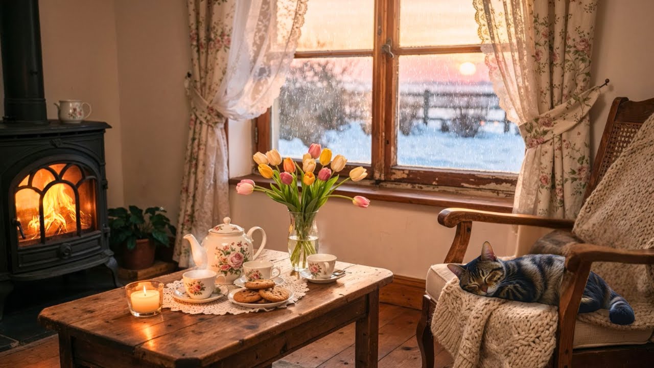 Peaceful 1940s Winter Morning ❄️ Oldies Playing in Another Room | Vintage Fireplace Crackle