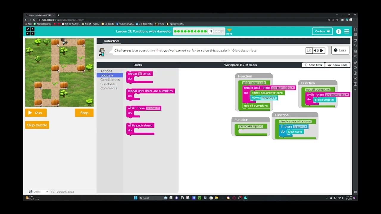 Code.org Express Course 2022 Functions with Harvester Lesson 21 Upload Student