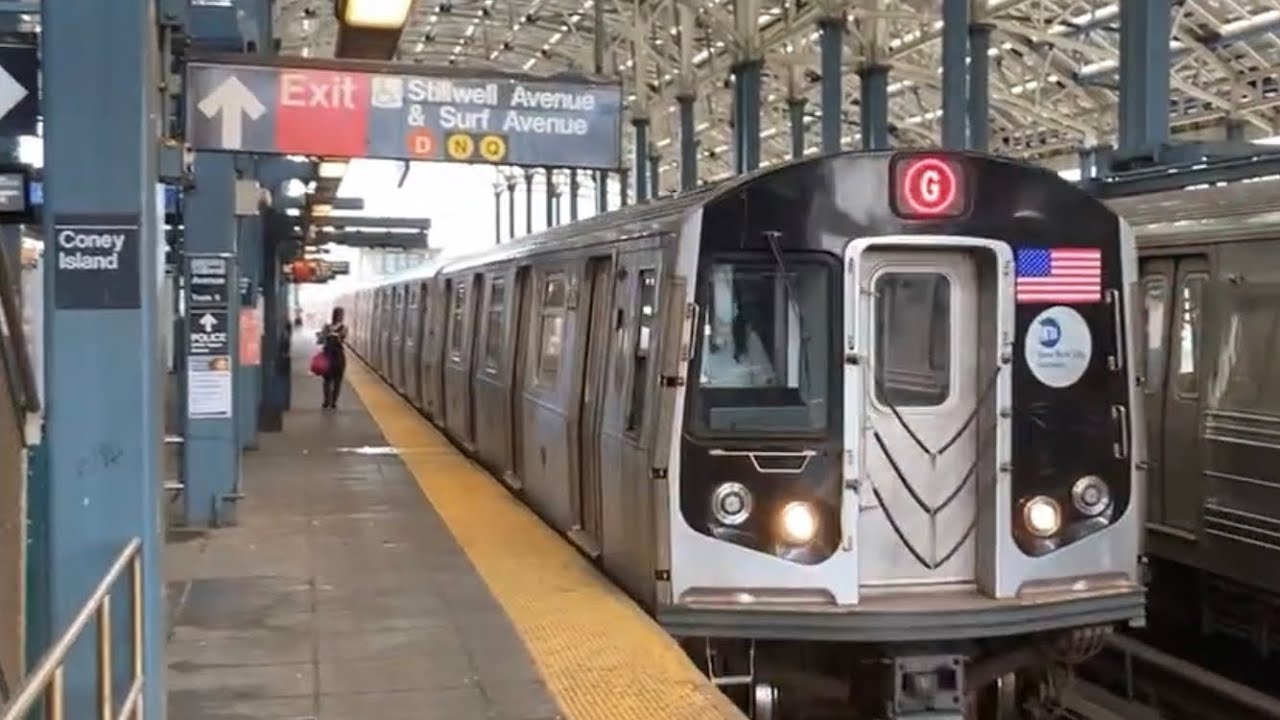 R160 G train arriving at Coney Island (2021)