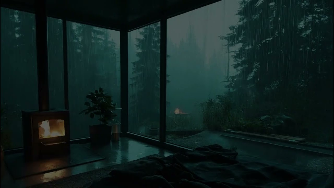 🕯️ Rain Sanctuary: Glass Cabin & Fireplace Glow — Deep Relaxation | Cozy Rain on Window 🌧️