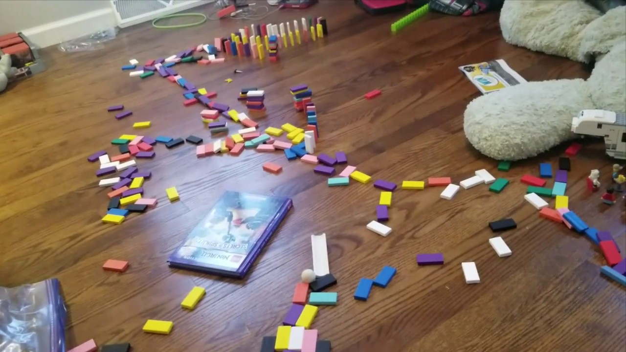Dominos Fall Off Toy Bin And Onto Domino Chain
