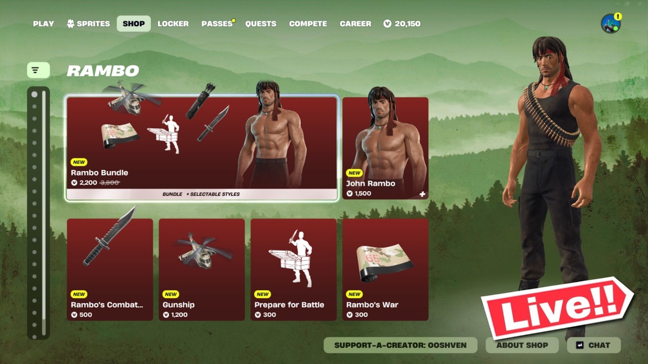 🔴*LIVE* FORTNITE RAMBO SKIN BUNDLE! ITEM SHOP TODAY! (Season 3 Chapter 7)