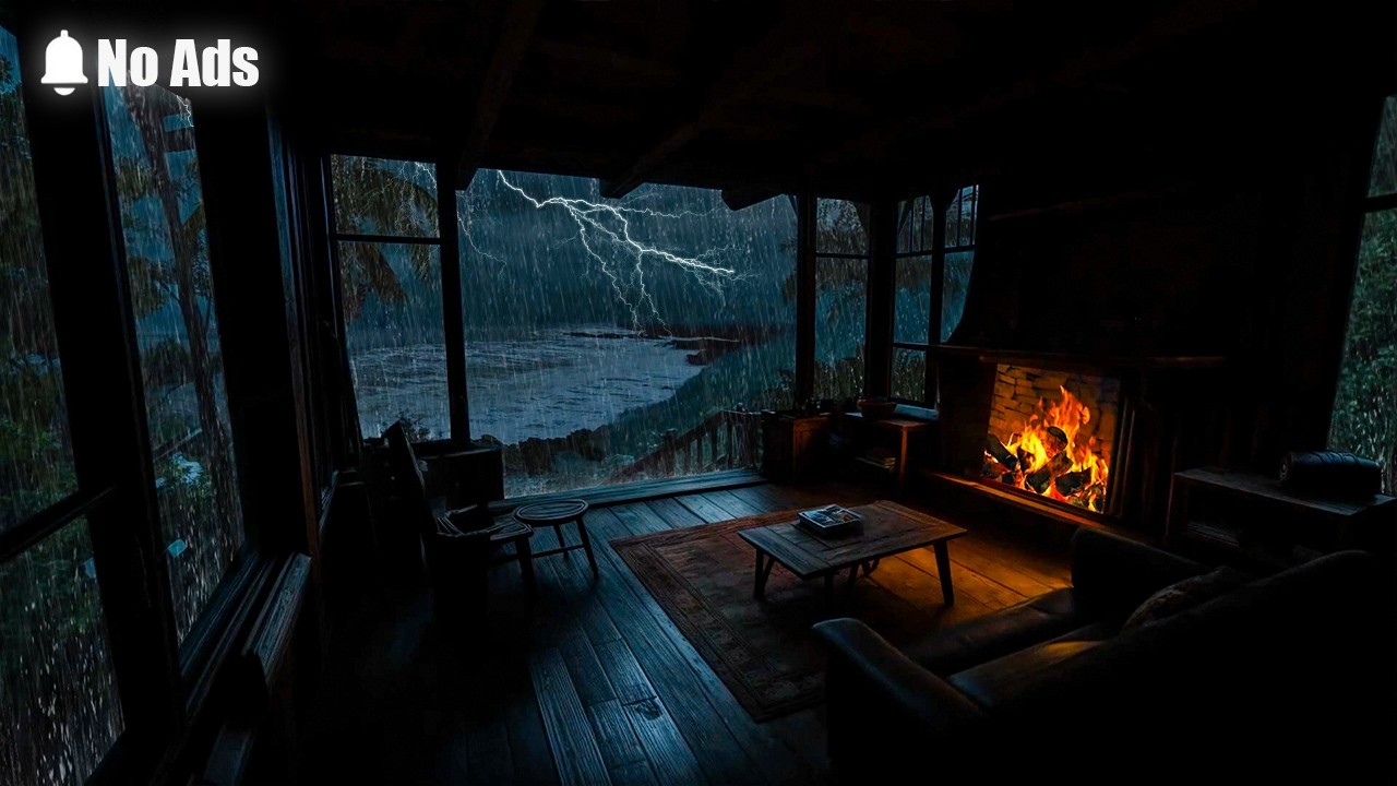 Seaside Porch Rain Crackling Fireplace 🔥 | Thunderstorm & Gentle Rain Sounds for Relax, Focus, Sleep
