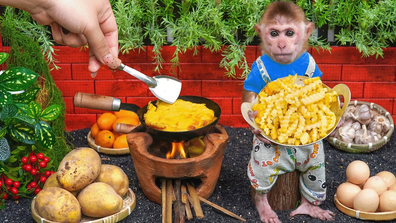 Monkey Xuka goes to the farm to pick potatoes to help his sister make egg sponge cake & potato chips