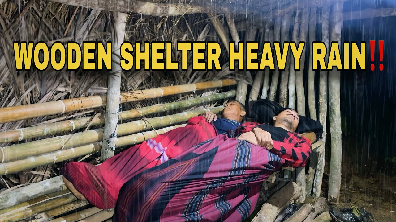Father & Son Camping in Heavy Rain | Wooden Shelter, Catching Fish & Eating Durian‼️