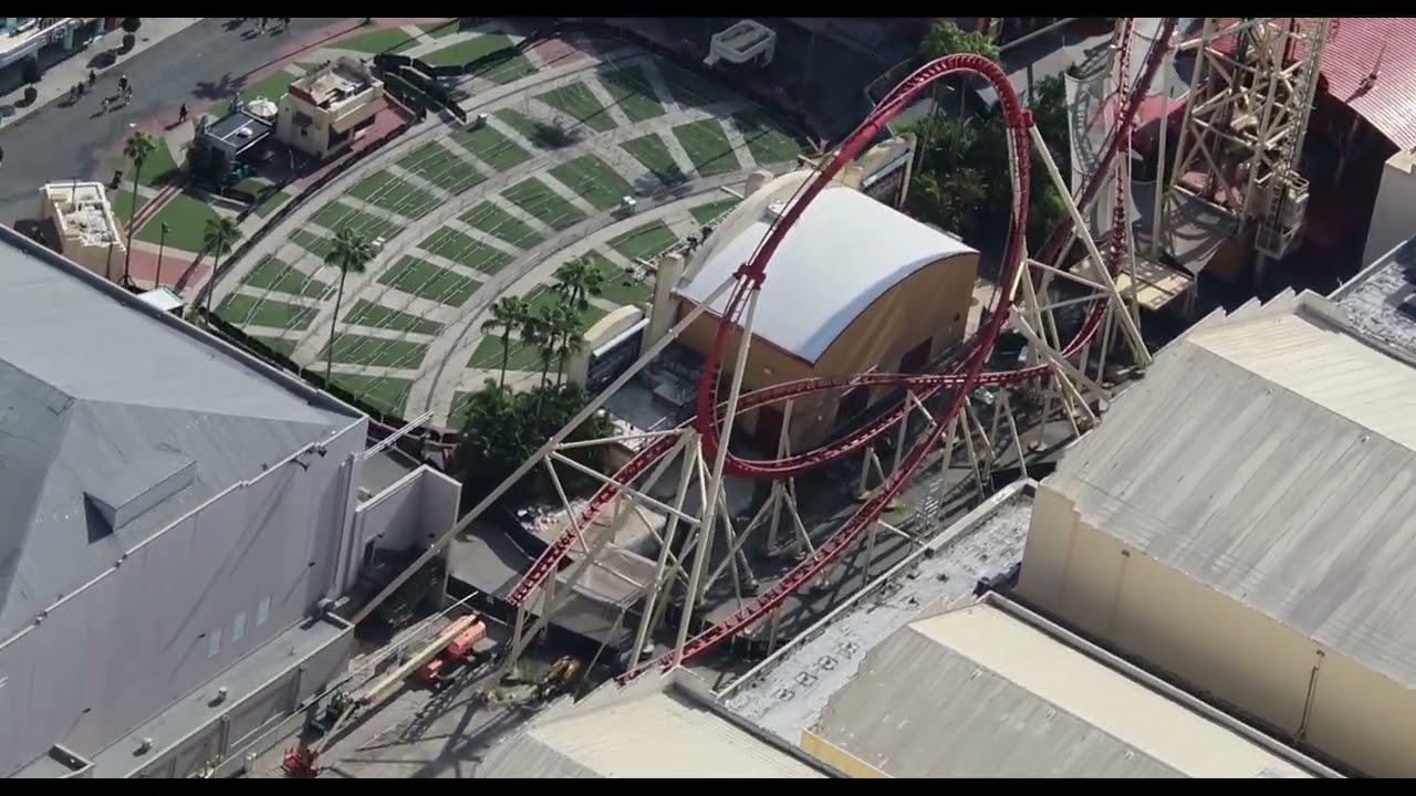 Sep 20, 2025 aerial orbit of the Hollywood Rip Ride Rockit demolition.