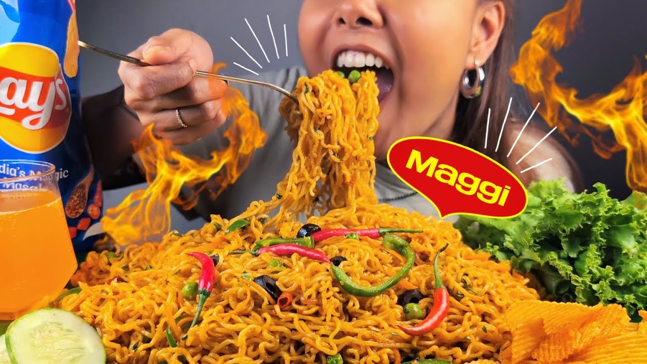EATING 7 PACKETS MAGGI MASALA NOODLES CHALLENGE WITH EXTRA CHILLIES & LAYS CHIPS | MAGGI EATING ASMR