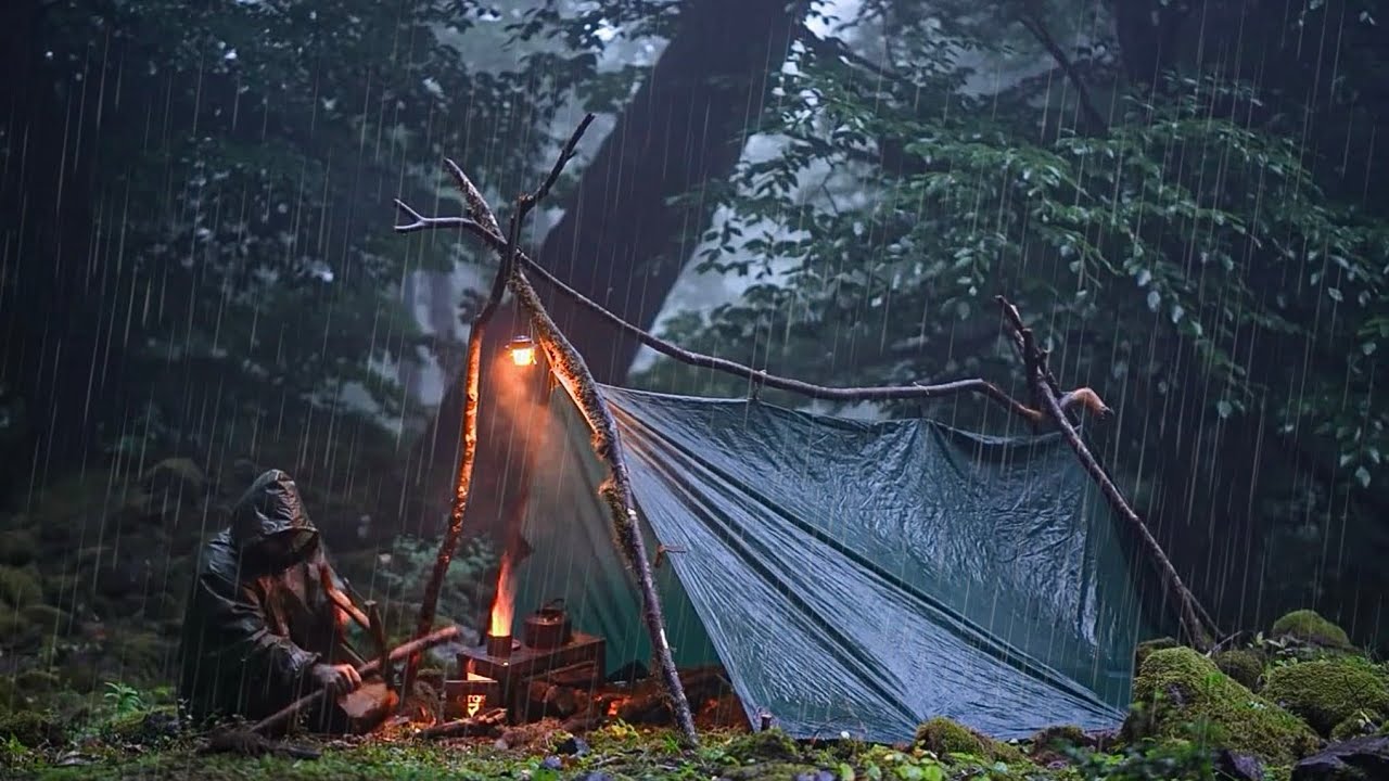 Can I Survive Alone in a Heavy Rainstorm in the Dark Forest?  | Extreme Bushcraft Survival