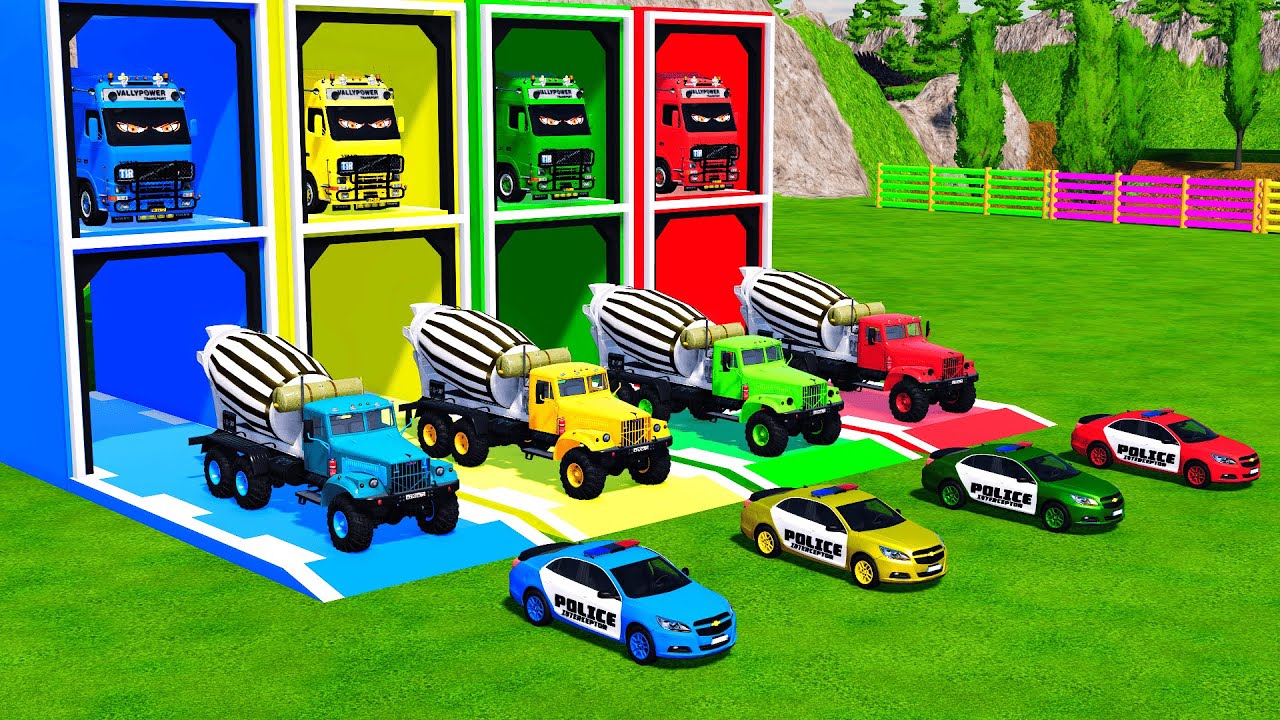 Garage with Colors - ALL MIXER TRUCK WITH FLATBED TRAILER TRUCK, MERCEDES, SCANIA, CAT, MAN - FS22