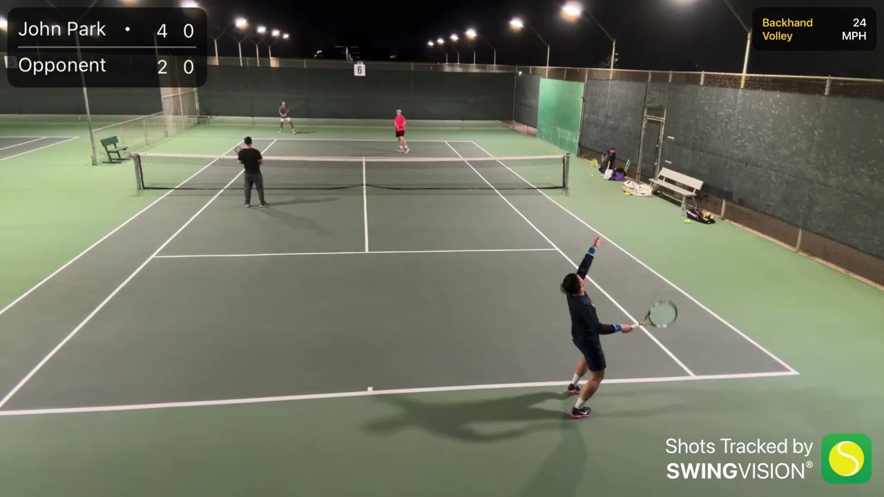 Obese man plays doubles with friends