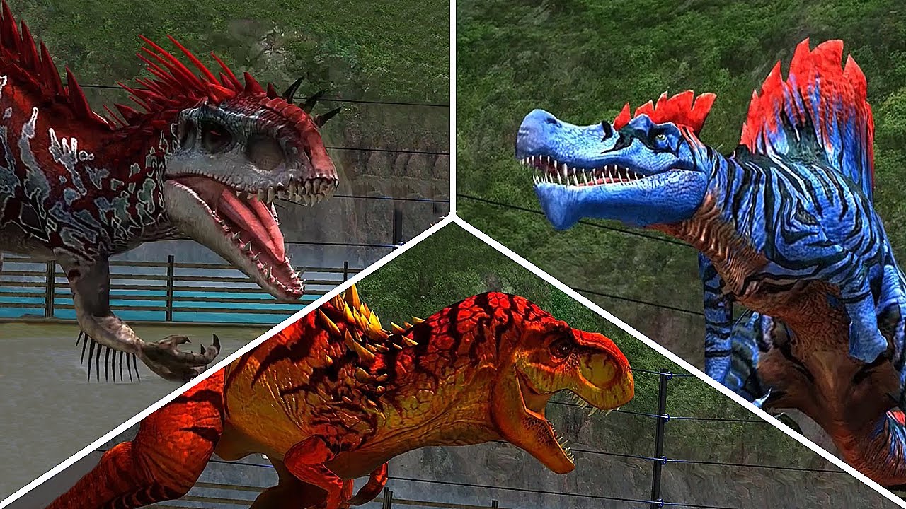 T REX VS INDOMINUS REX VS SPINOSAURUS - BATTLE || JURASSIC WORLD THE GAME