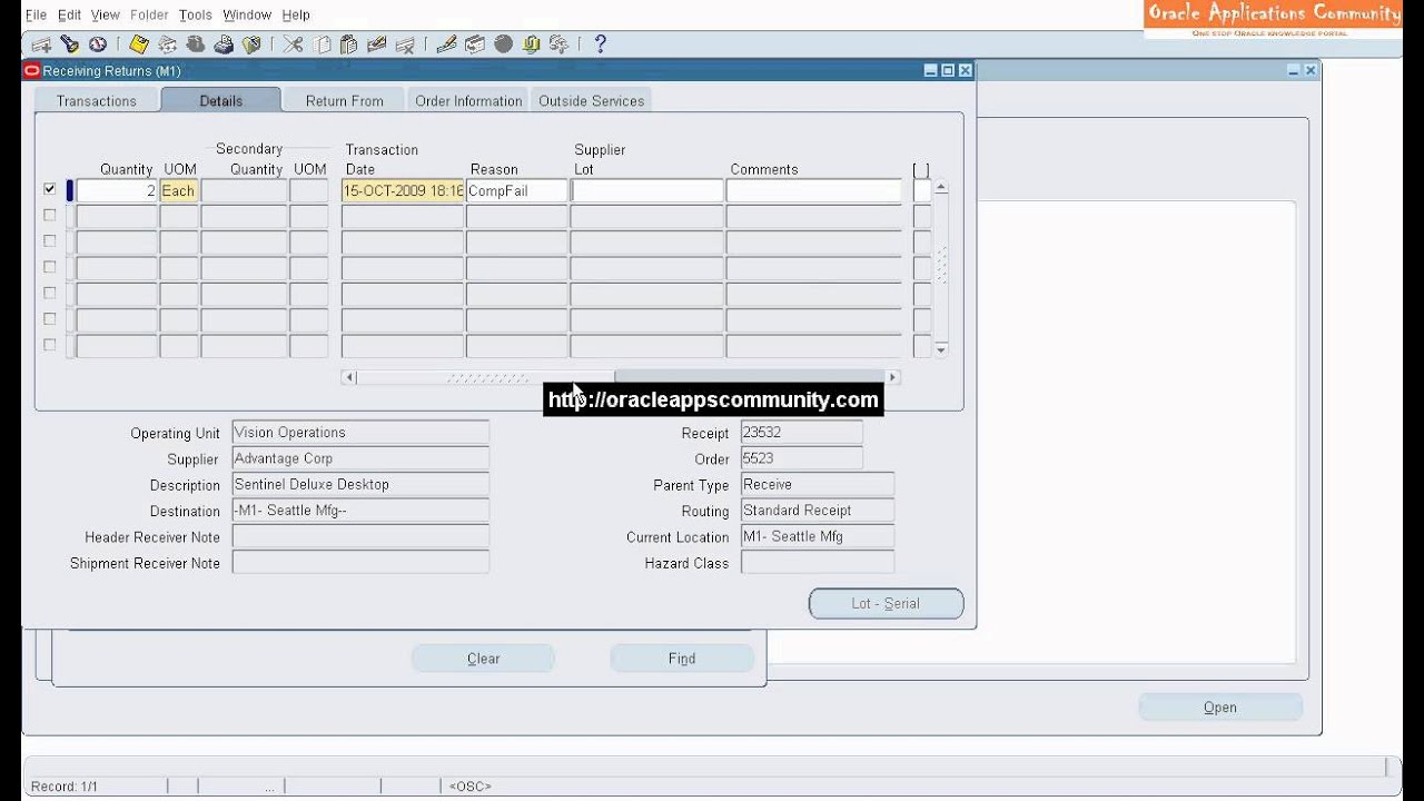 Return To Vendor - Oracle Purchasing
