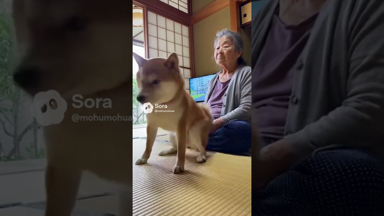 おばあちゃんのオナラに驚く柴犬　