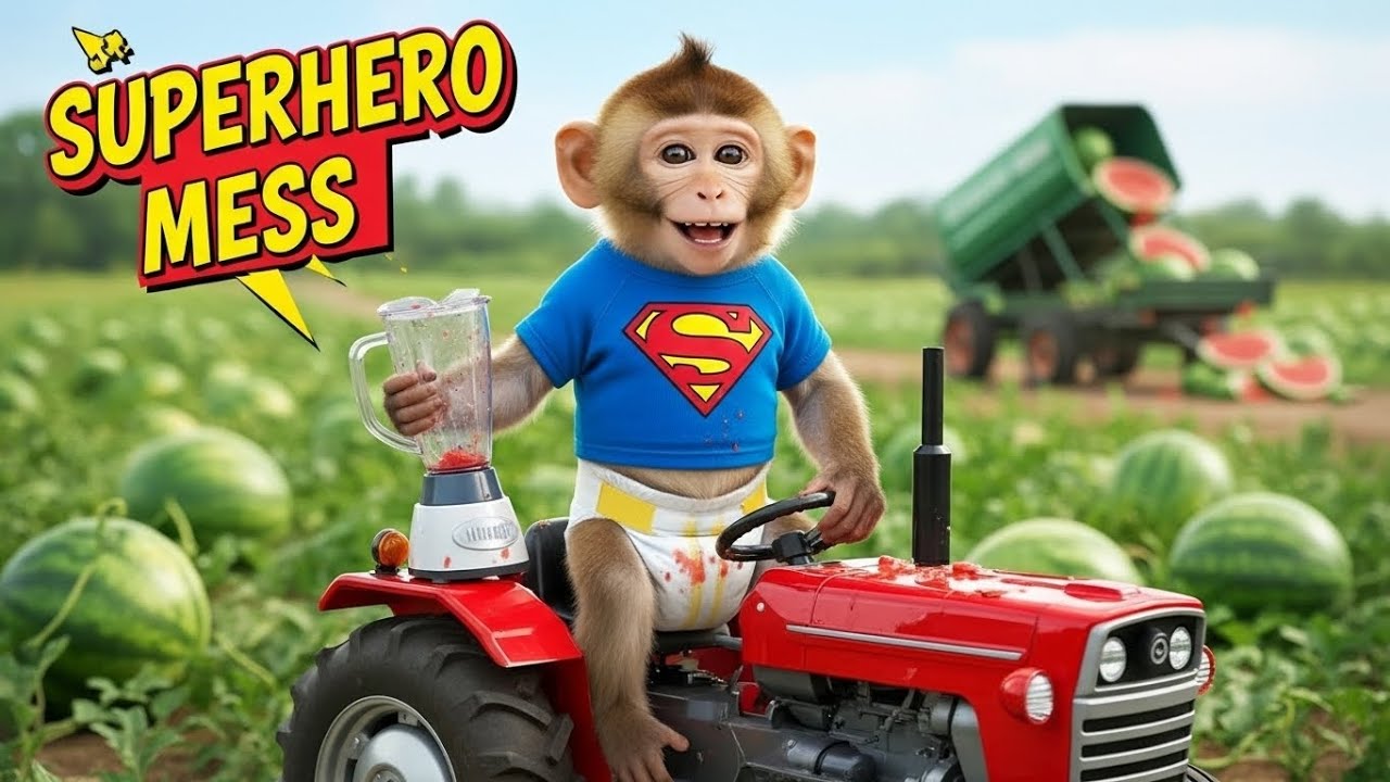 Clever Baby Superman Monkey Makes His Own Watermelon Fruit Juice 🐵🍉🥤  IZI MONKEY FARM