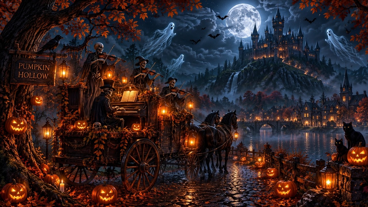Relaxing Halloween Ambience 🎃 Autumn Night in a Spooky Village 👻 Haunted Sounds & Halloween Music