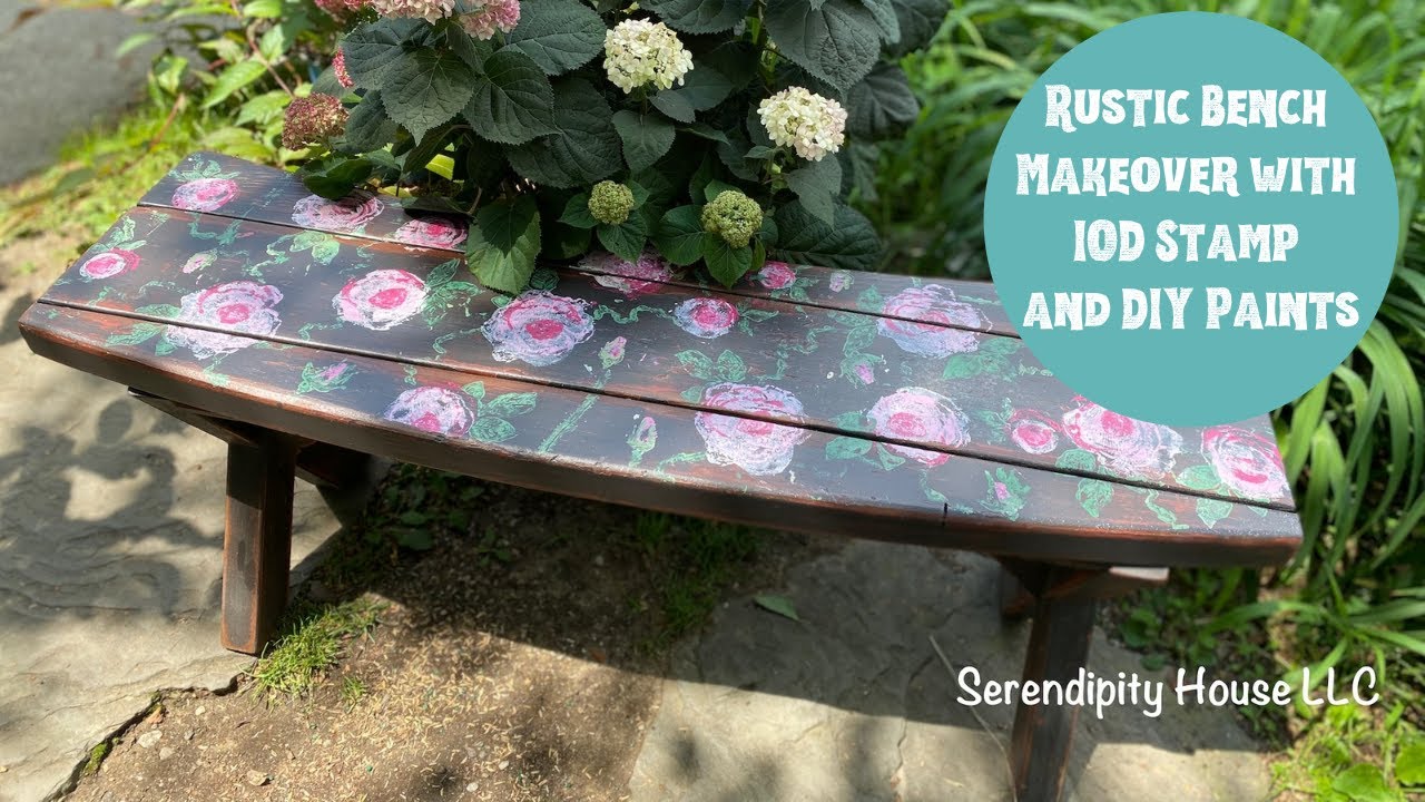 Rustic Wood Bench Makeover Using DIY Paint + IOD Painterly Roses Stamp.