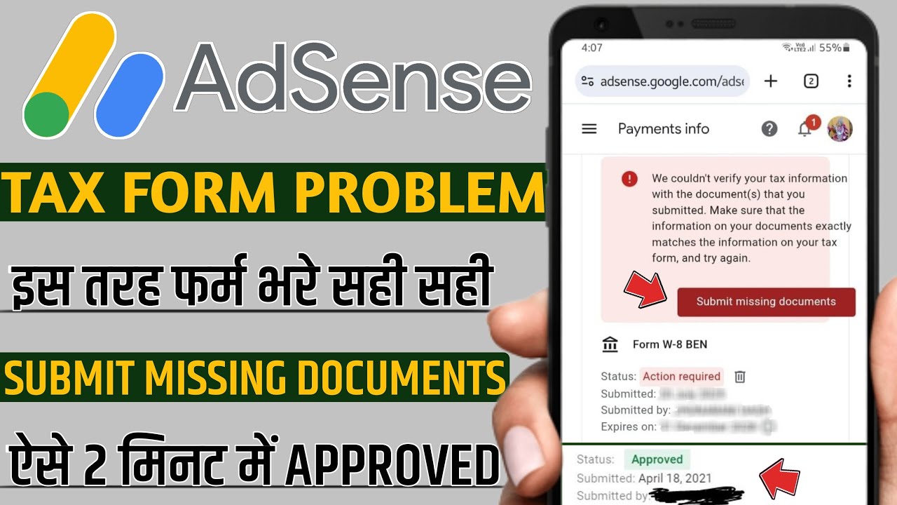 Adsense tax form submit missing documents |we couldn't verify your tax information with the document