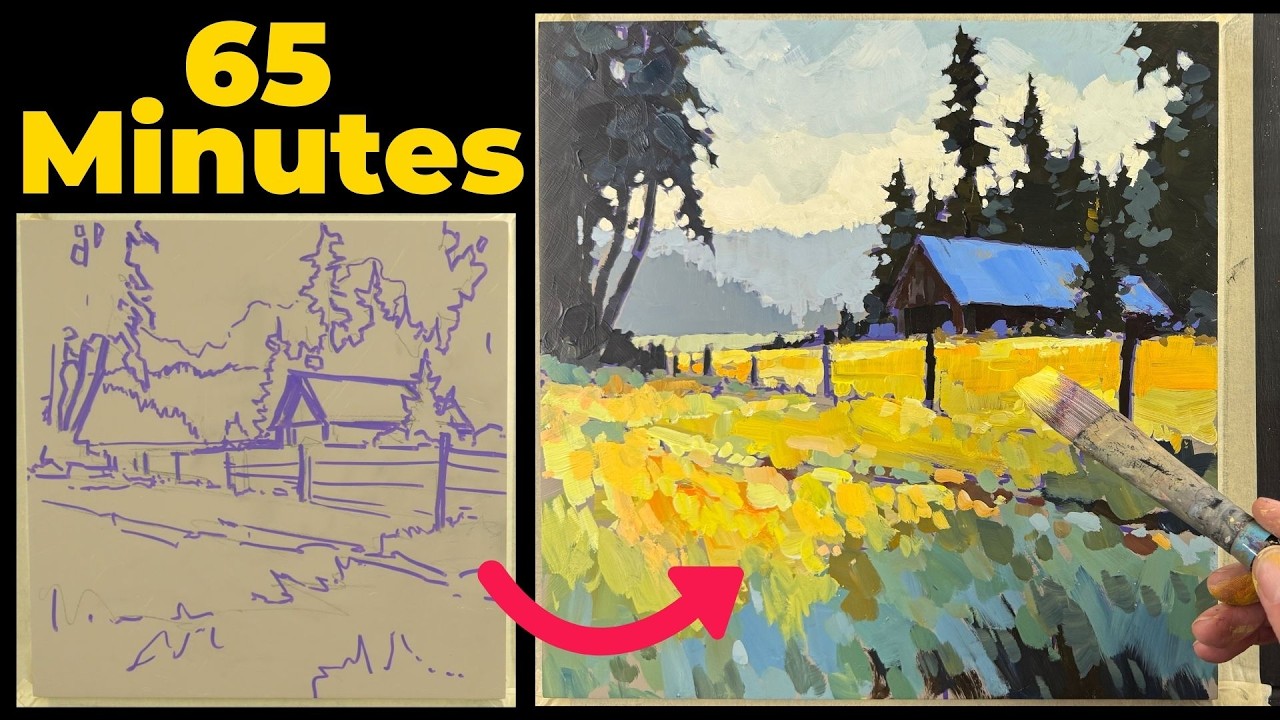 Golden Fields & Rustic Barns | Full Acrylic Painting Tutorial for Beginners