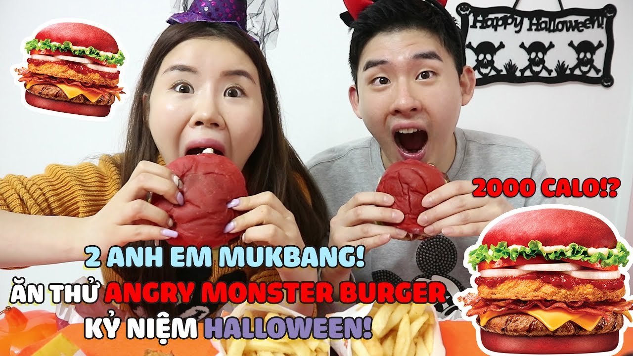 2 ANH EM ĂN THỬ ANGRY MONSTER BURGER (2000CALO!) KỶ NIỆM HALLOWEEN!🎃