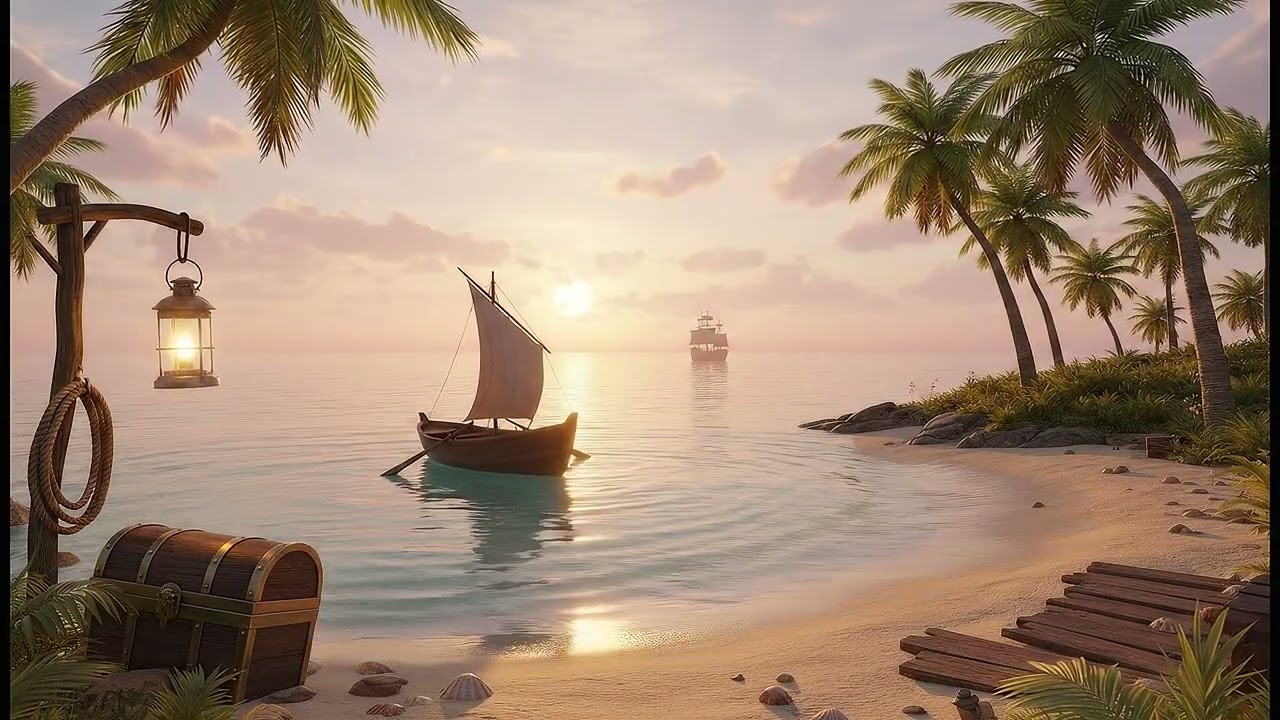 4K Tropical Pirate Cove 🌅 Cozy Ocean Ambience (3 Hours)