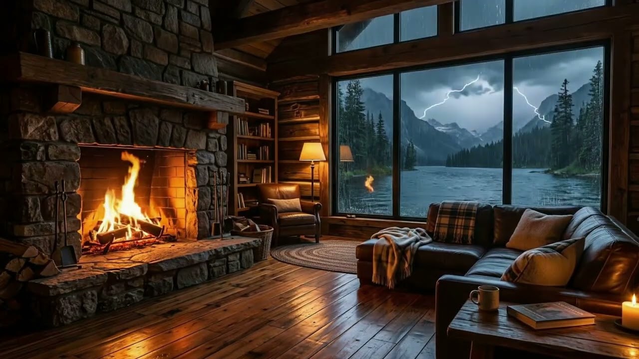 Luxury Rainy Cabin Fireplace 🔥 Deep Sleep Ambience  Cozy Lake Night 13 Hours