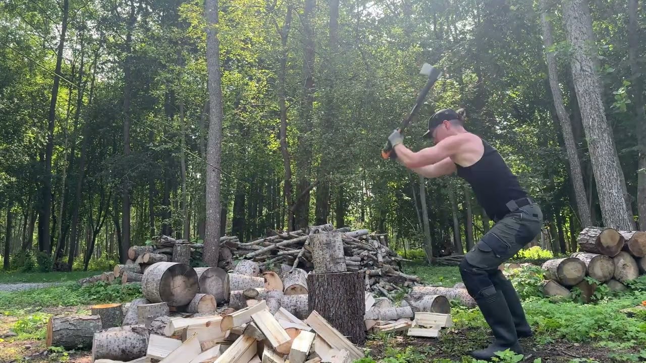 chopping wood in August month, getting colder, mosquitos almost gone