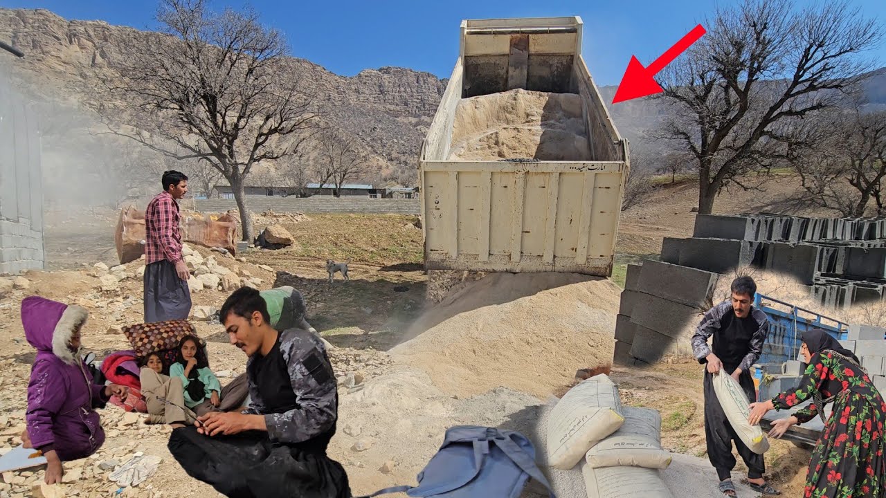 Unloading sand and water and Hakimeh and Rajab’s work to prepare and build a home