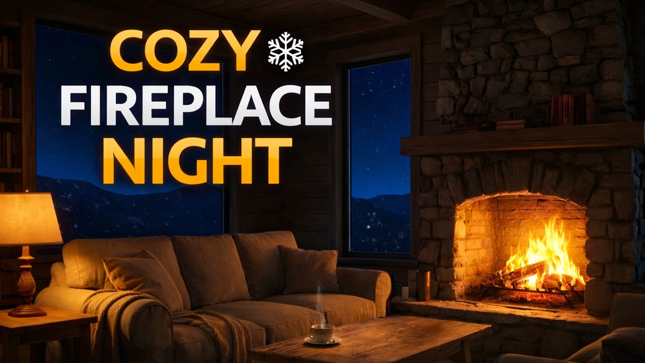 Cozy Cabin Fireplace Ambience ❄ Quiet Night | Soft Piano & Crackling Fire