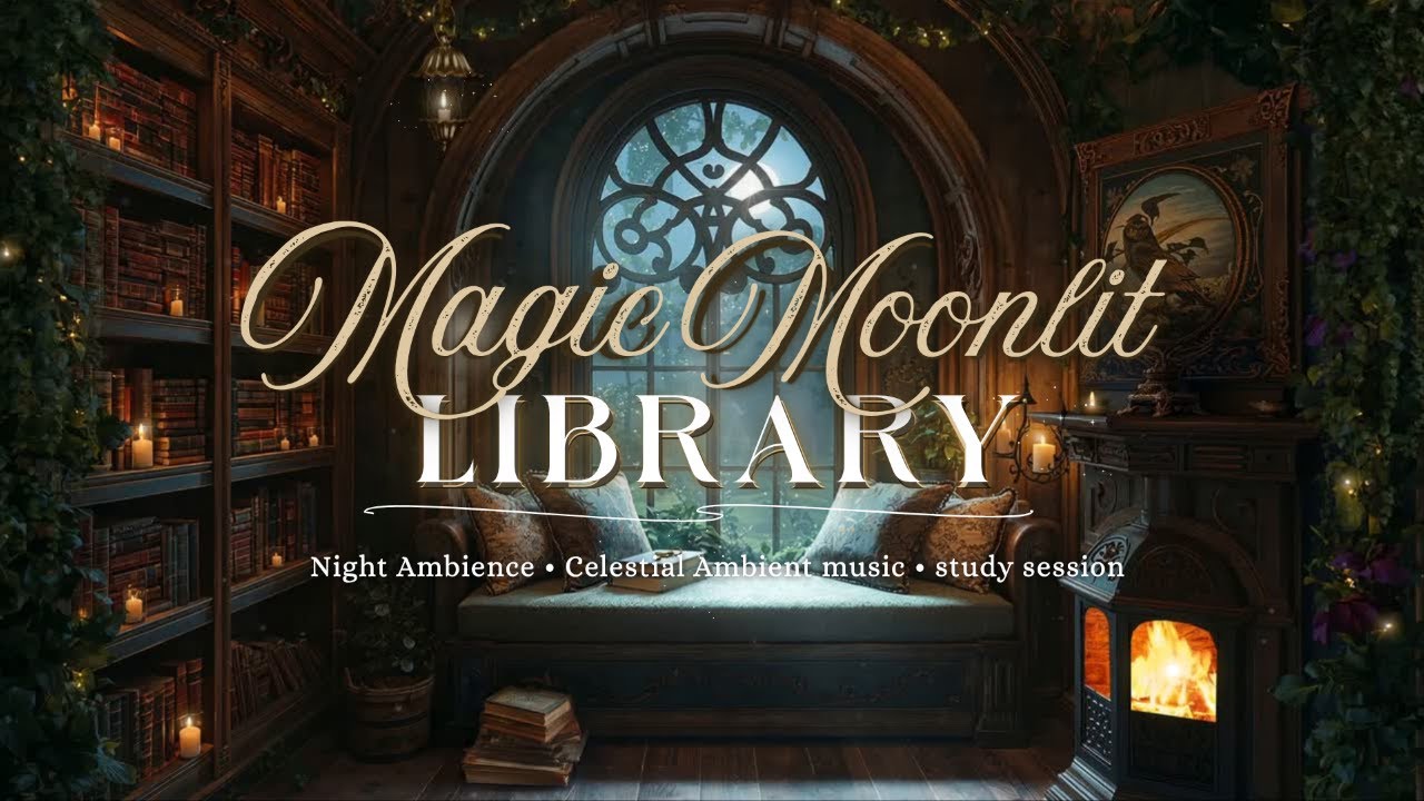 Magic Moonlit Library | Celestial Night Ambience ✨ Fireplace , Wind Chimes & Relaxing Fantasy Music
