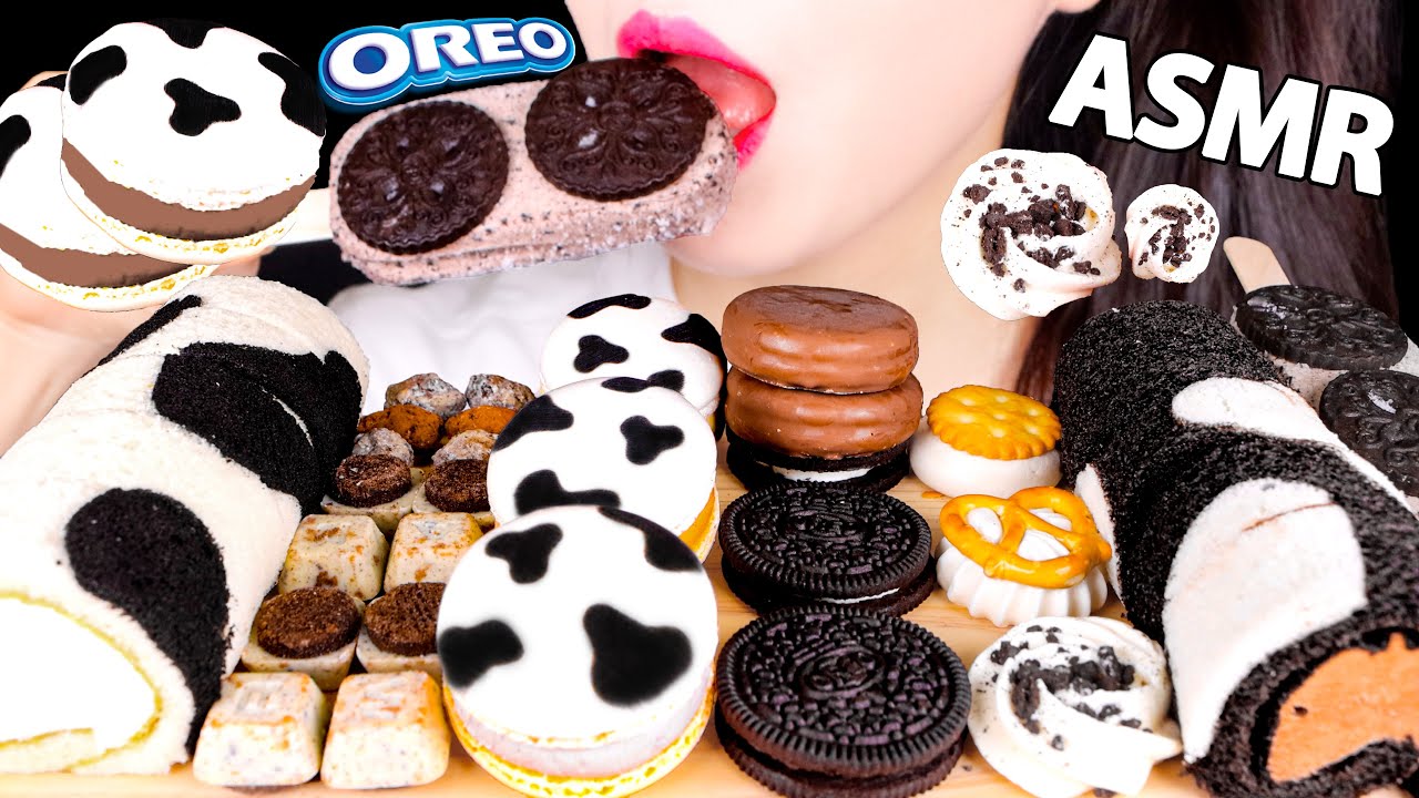ASMR BLACK AND WHITE DESSERTS, COW DESSERTS, OREO, COOKIE AND CREAM, MUKBANG, REAL EATING SOUNDS