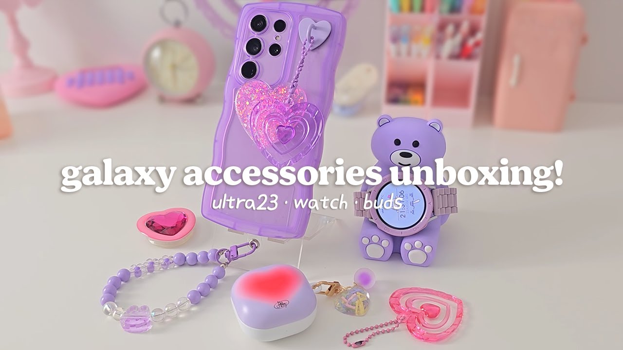 samsung galaxy accessories unboxing 💜 aesthetic lavander decor 💜 galaxy ultra23, buds, watch4