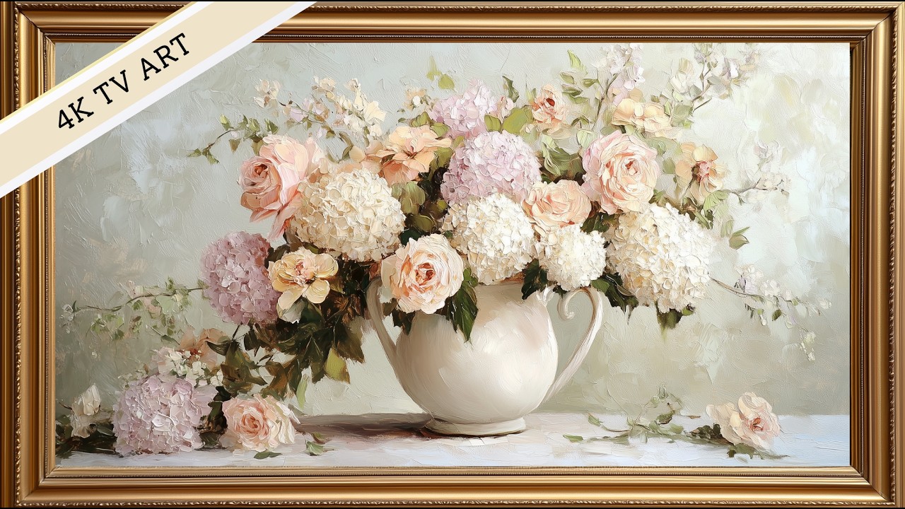 Vintage Floral Hydrangea Painting | 2 Hours Art Screensaver | Gold Frame TV Art 4K