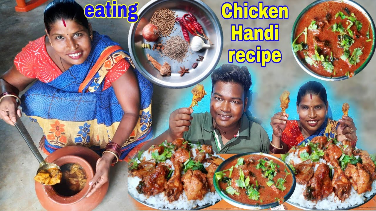 Desi style Chicken handi recipe | Chicken handi with rice eating | Ramesh village eating