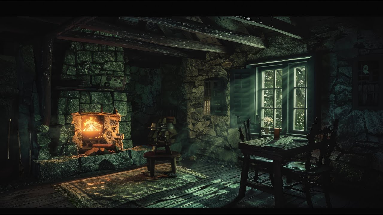 Dark Cottagecore Instrumentals  Fireplace Glow & Shadowed Stone Cottage for Reading and Calm