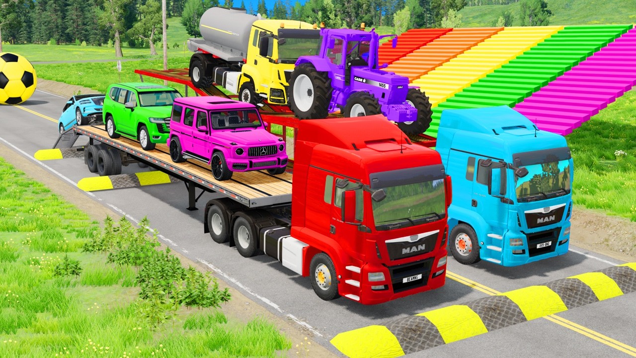 Flatbed Trailer McQueen | Transportation with Truck - Pothole vs Car #57 | BeamNG.Drive Gameplay