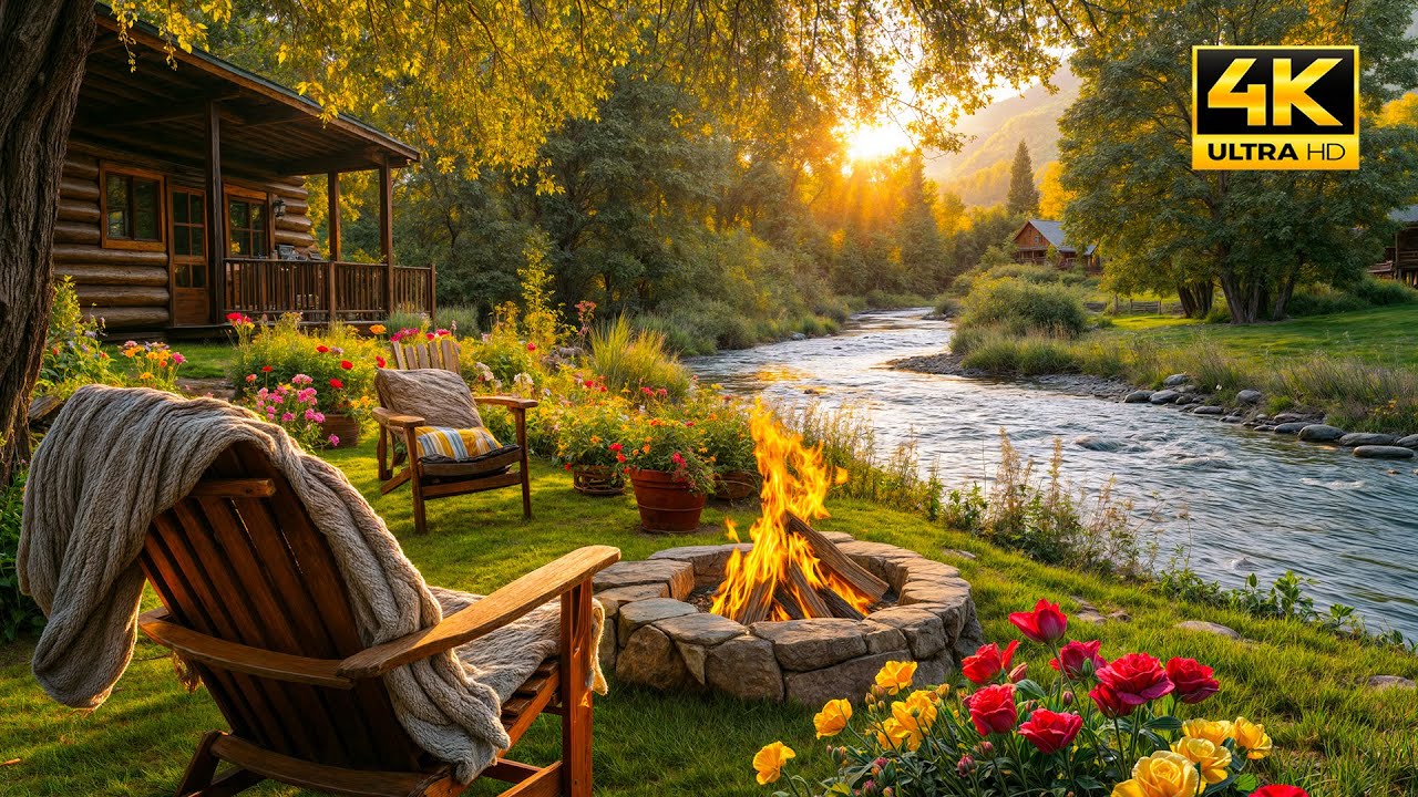 Tranquil Spring Morning Riverside with Bird Chirping and Gentle Fire Pit. Relaxing Nature Sounds