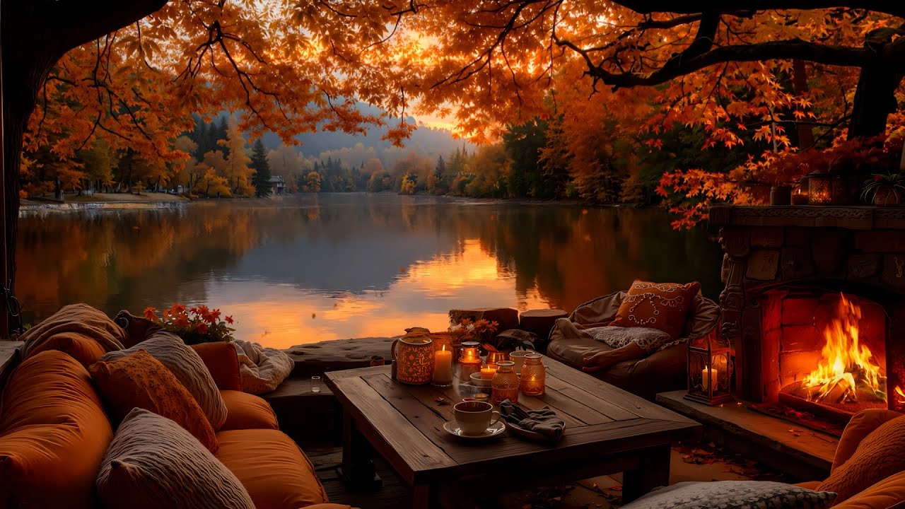 Warm Autumn Afternoon by the Lake 🍁 | Gentle Piano and Crackling Fire for Relaxation