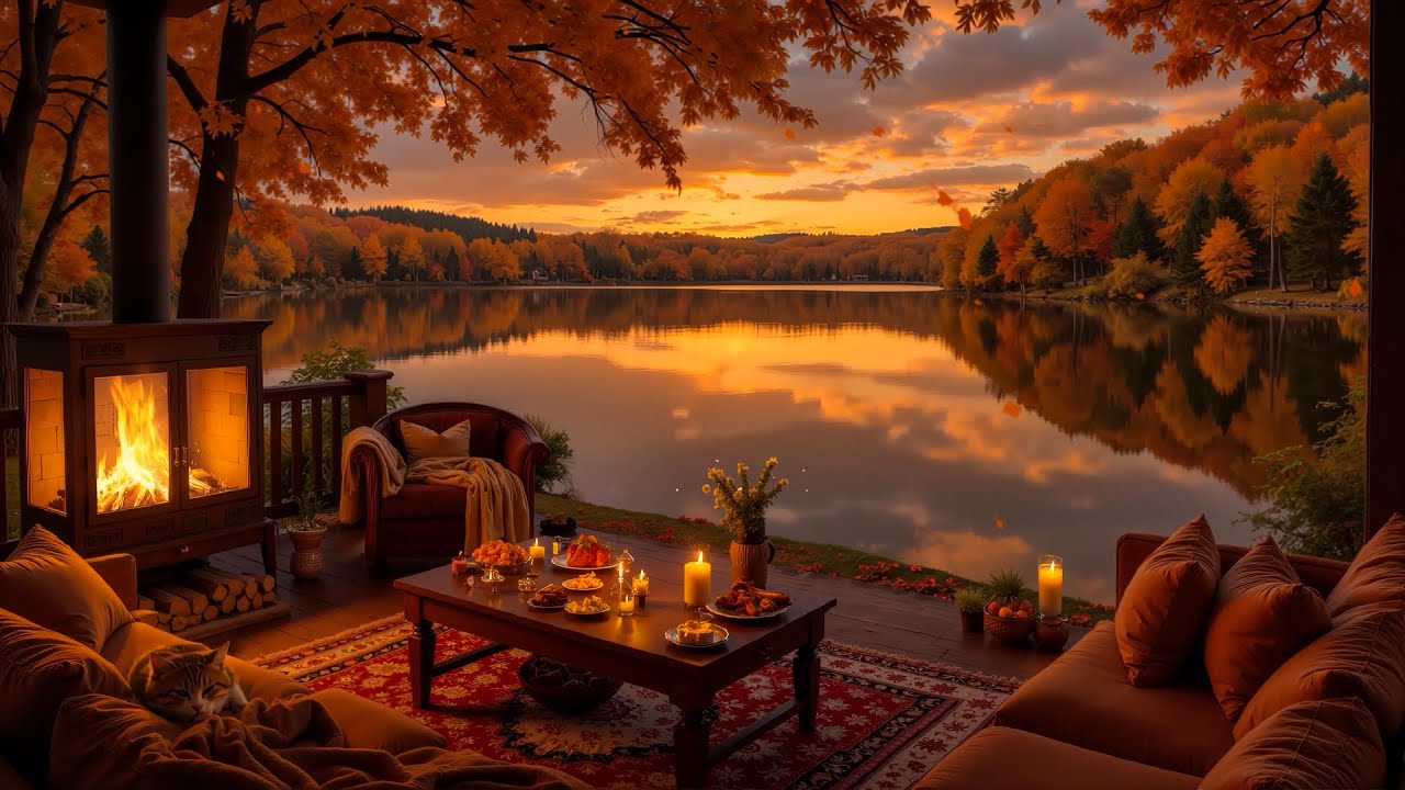 Peaceful Autumn by the Lake 🍁 Soothing Piano & Warm Crackling Fireplace for Relax, Sleep