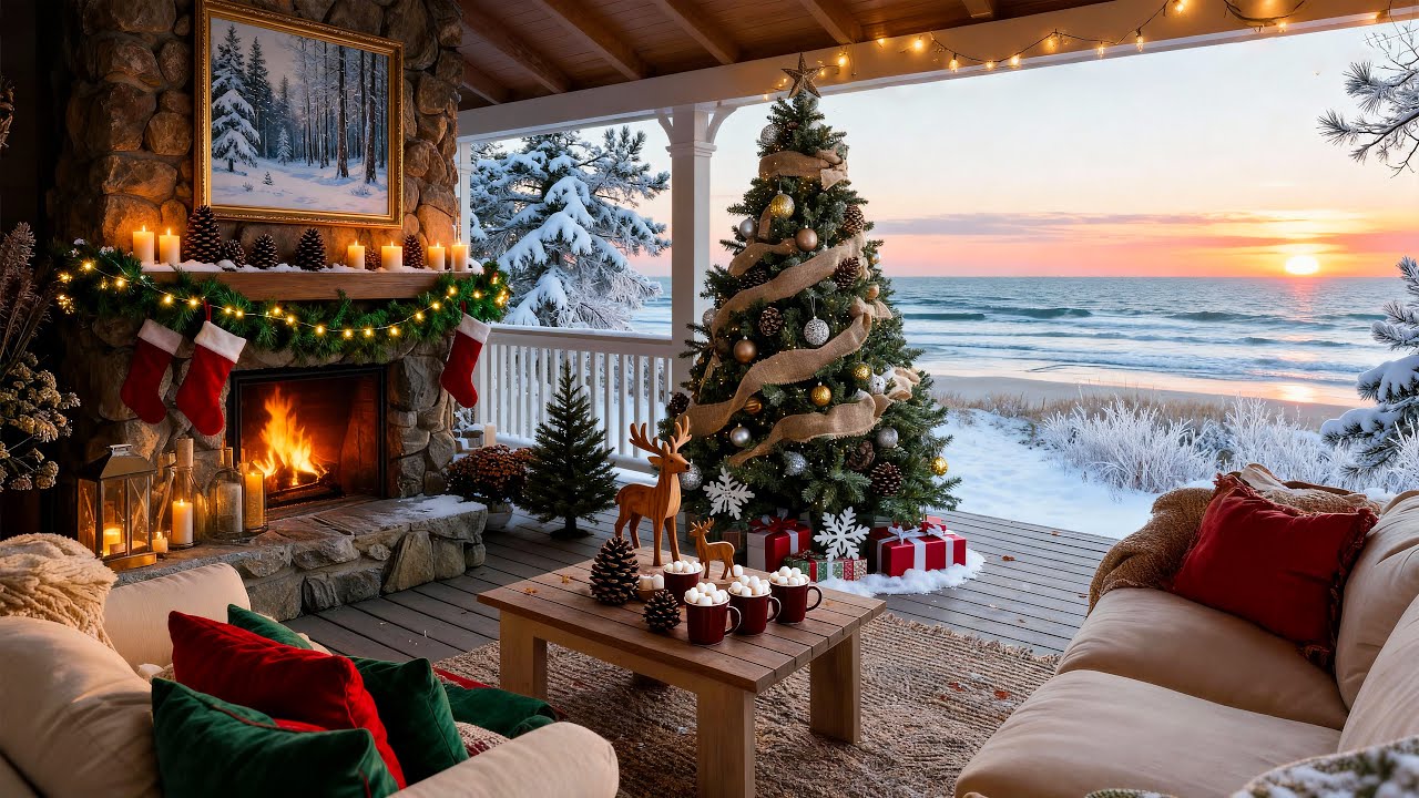 Christmas Background Ambience 🎄 Christmas Piano, Fireplace Sounds & Ocean Waves ❄ Cozy Winter Beach
