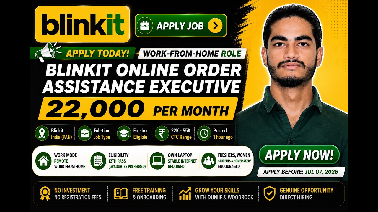 Blinkit Work From Home Job 2026 🔥 Online Order Assistance Executive | ₹22,000 Per Month