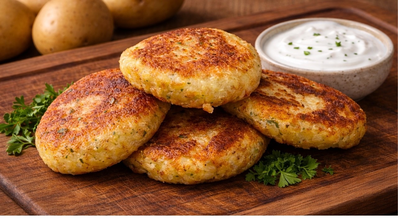 Golden 3-Ingredient Potato Patties with Creamy Yogurt Sauce