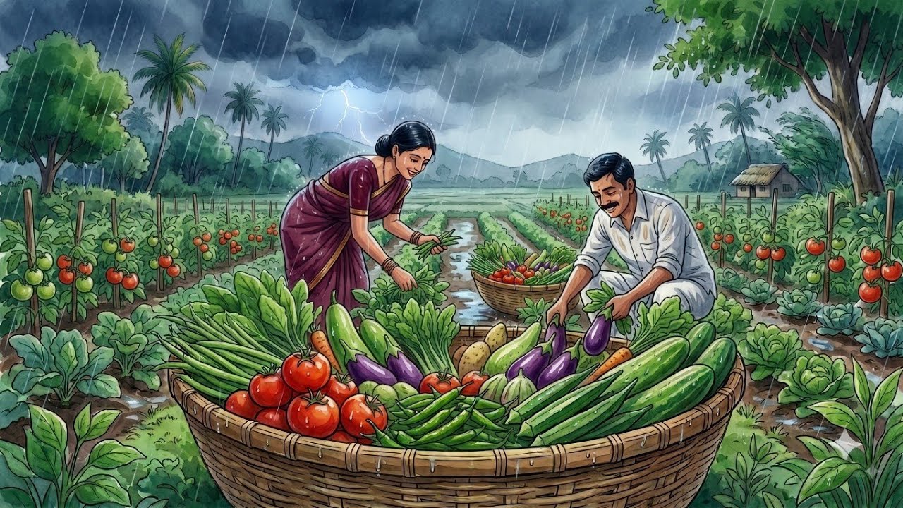 A Beautiful Rainy Day in the Village 🌧️🌾 | Harvesting, Cooking & Family Dinner | Ghibli Style