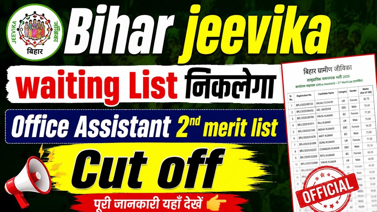 Bihar jeevika waiting List l Office Assistant 2nd Merit List Cut off l चेक करें waiting List 📢🚨📢