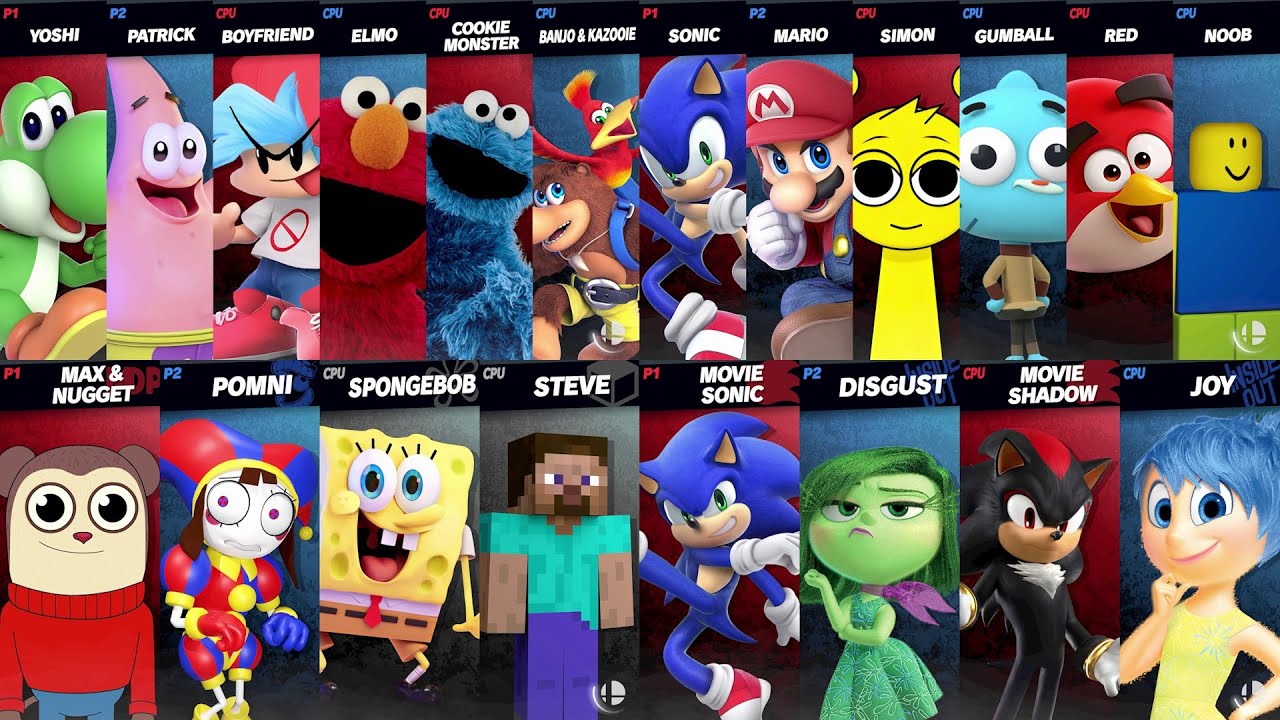 Sonic vs Mario vs Friday Night Funkin' vs SpongeBob vs Steve vs Shadow in Super Smash Bros Ultimate