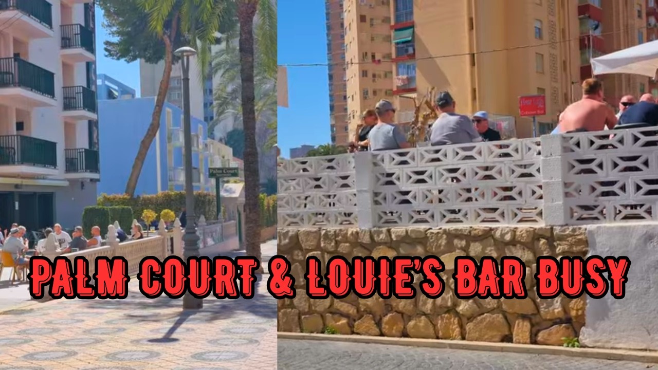 Benidorm Palm Court & Louie’s Bar Busy Sunny Terrace Scene  #benidorm #busy #sunny