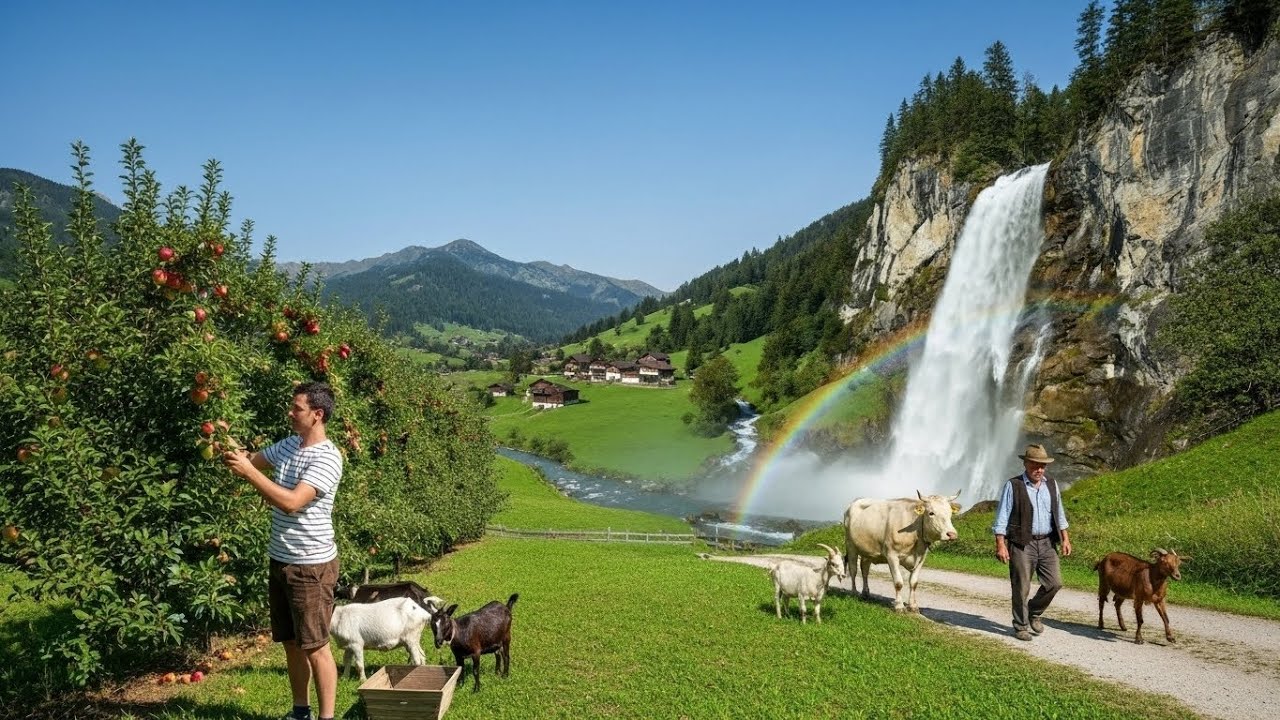 How do people live in Swiss Alpine villages. Harvesting Fruits for Livestock in Countryside Villages