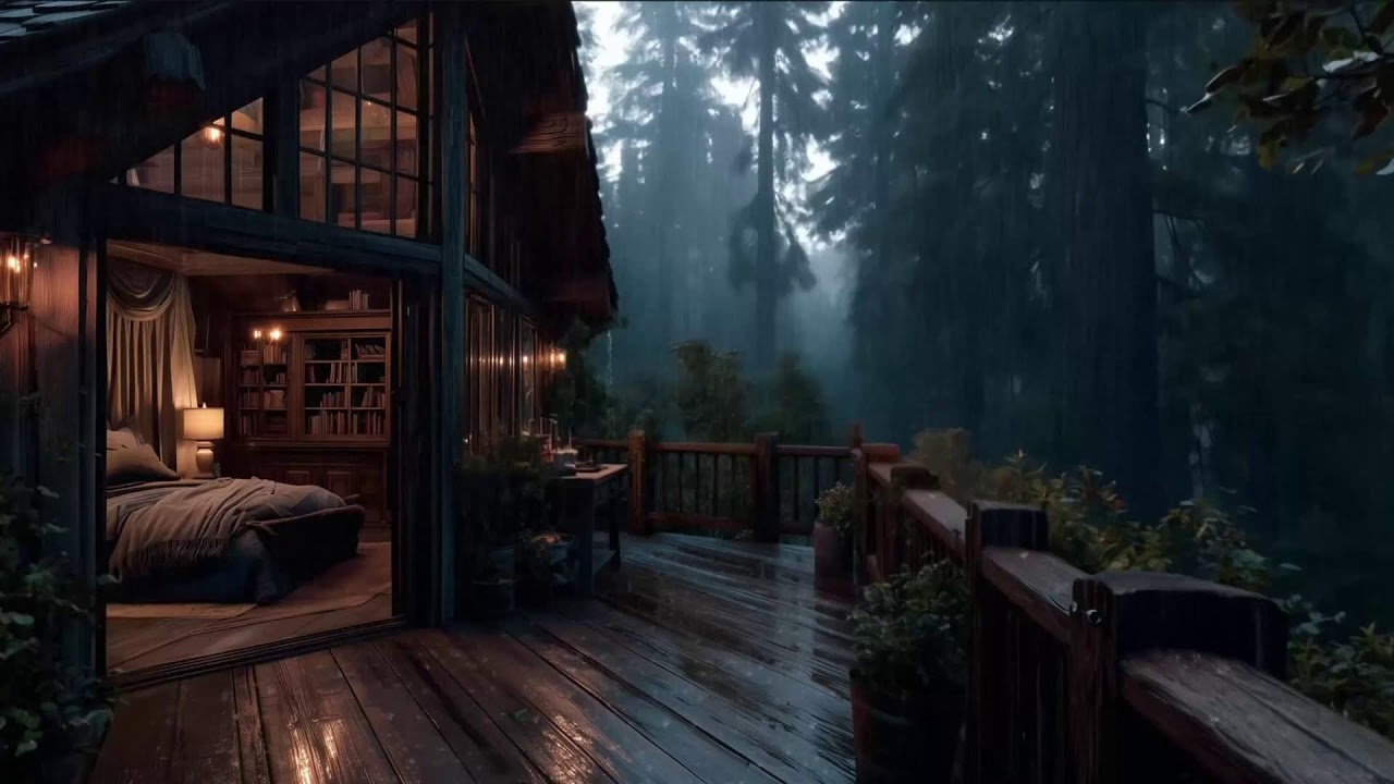 Soothing Night Rain in Cabin 🏠 Soft Jazz Piano, Warm Fireplace Glow & Calming Rain Sounds for Sleep