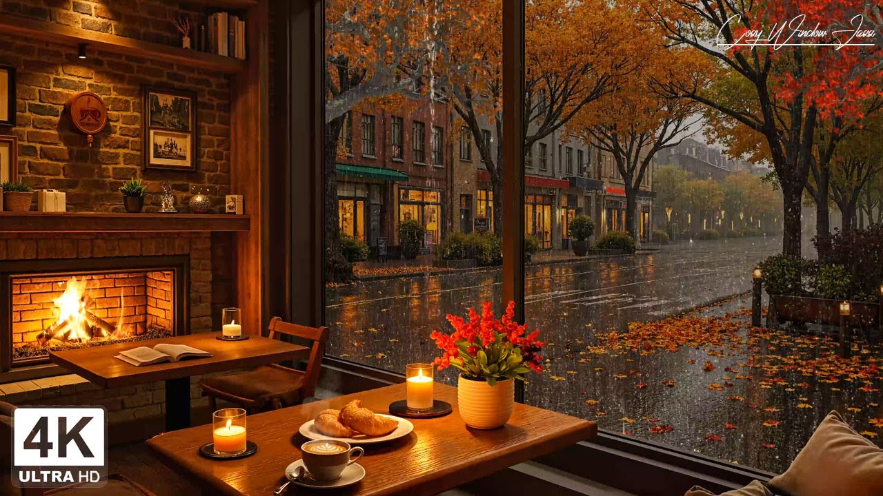 November Autumn Nights in a Coffee Shop 🍂 Crackling Fireplace, Gentle Jazz Piano for Relax, Study
