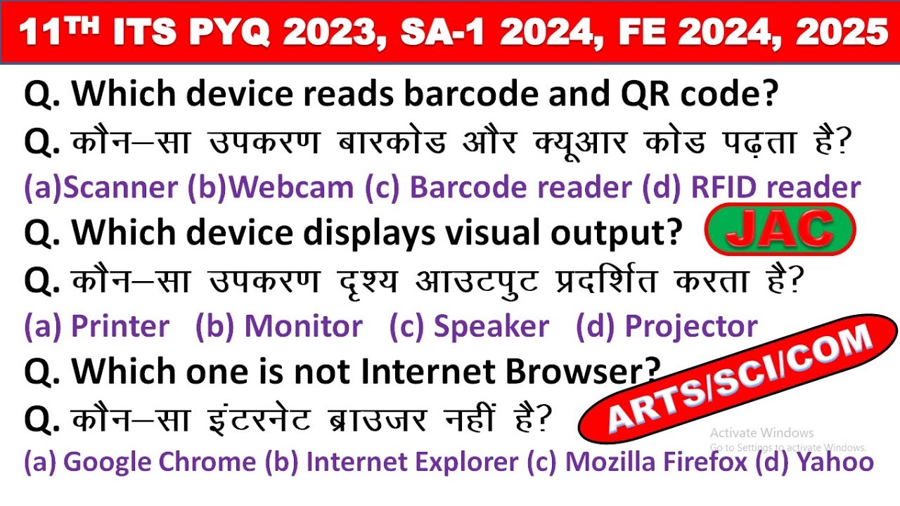 11th IT/ITES PYQ 2023, 2024, 2025 Arts, Science, Commerce 40 MCQs || Basic Computer Knowledge || JAC