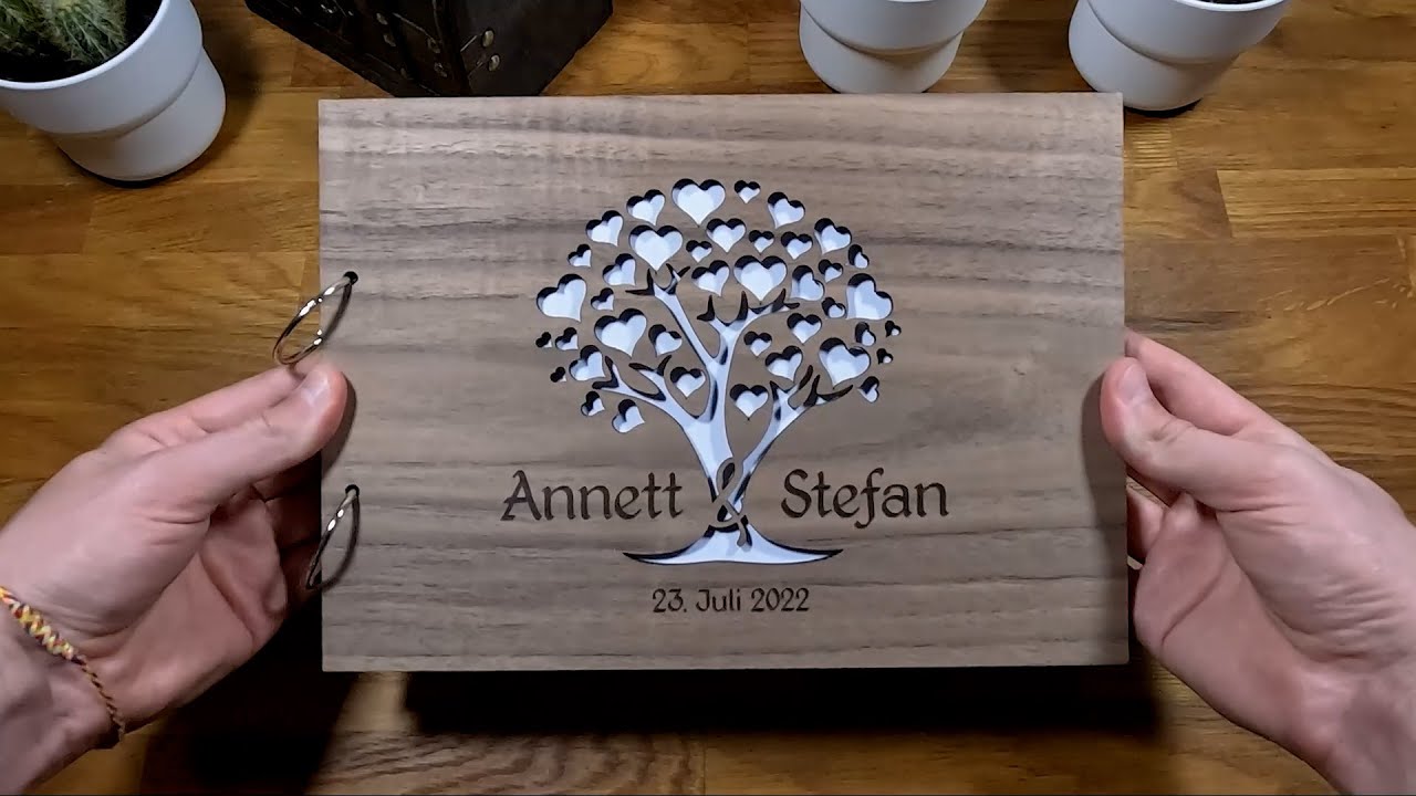 Hochzeit Gästebuch individuell lasergraviert aus echtem Holz - Ringbuch, lasergeschnitten, Herzbaum